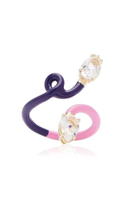 B 9K Yellow Gold Crystal Enameled Double Vine Ring