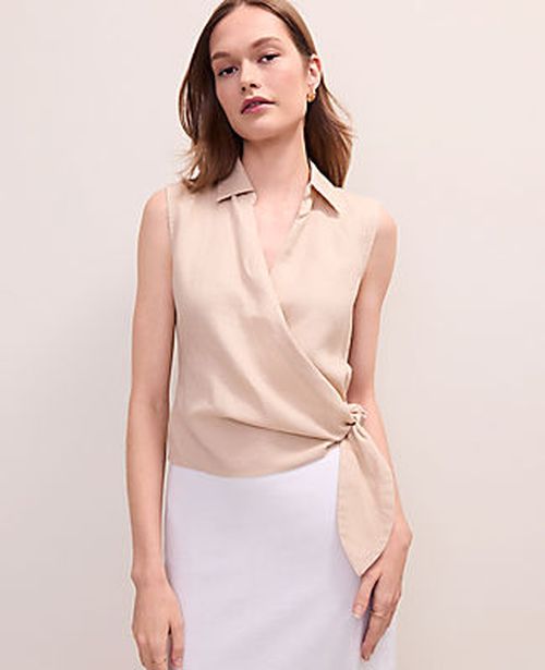 Ann Taylor Petite Tie Waist Blouse in Linen