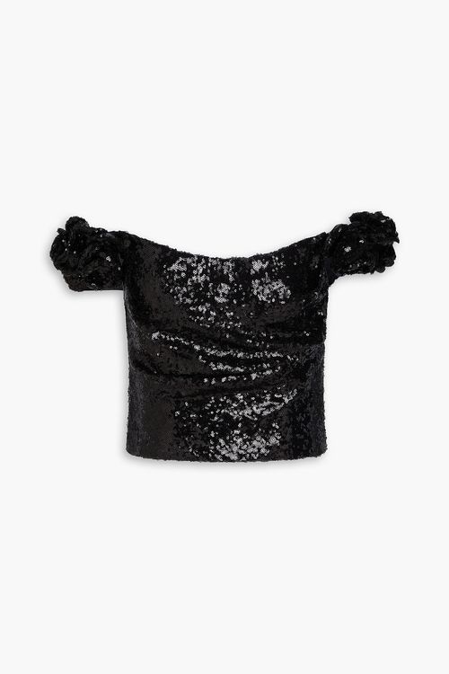 Birdie off-the-shoulder sequined floral-appliquéd tulle top - Black - FR 34