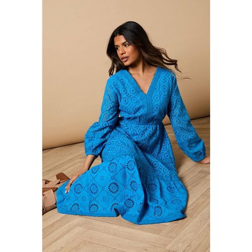 Oasis Women's Petite Broderie Trim Detail Puff Sleeve Midi Dress in Cobalt