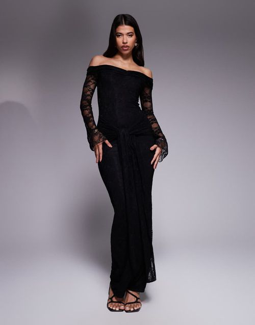 Kaiia | exclusive double layered slinky lace off the shoulder flare sleeve  tie waist drape detail maxi dress in black | Realry