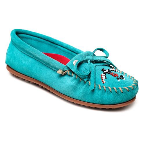 Minnetonka Women’s Thunderbird “Animikii” Hardsole – Moccasins for Women with a Classic Leather Moccasin Silhouette, Cushioned Footbed, and Beaded Moccasin Design, Brown