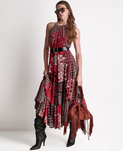 Women's Patchwork Chiffon Halter Maxi Dress with Tiered Skirt - Fire lily Multi