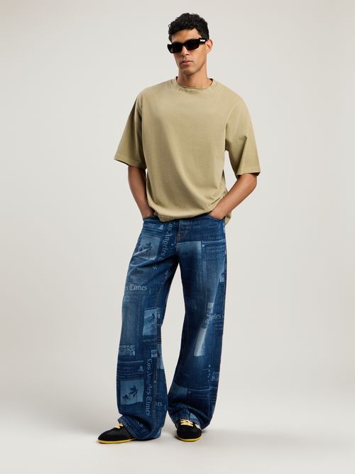Curved Logo Loose Collar T-shirt Man  Army Green