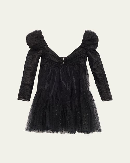Long-Sleeve Ruched Tulle Mini Dress