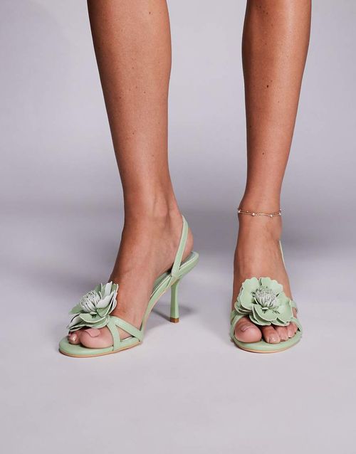 Red Hot PU 3D Flower Sling Back Mid Heels in pistachio-Green