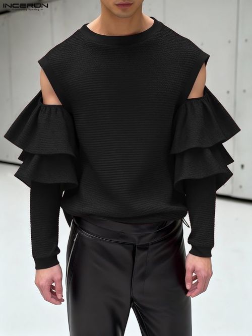 Men's Cutout Design Ruffle Long Sleeve T-shirt SKUL46571 - Black / S