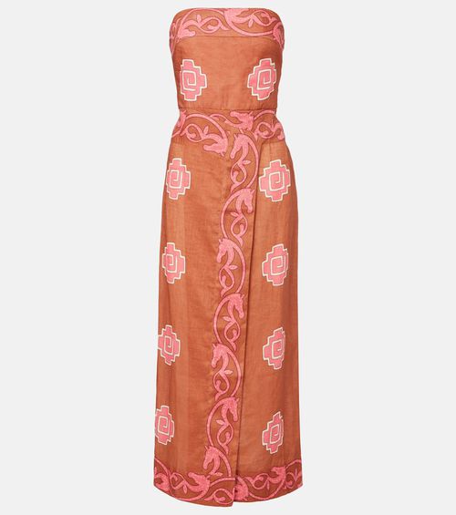 Embroidered smocked linen midi dress