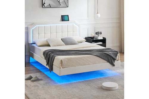 Floating Bed Frame King Size with Rgb Led Lights, Upholstered Platform King Bed with Adjustable Headboard, Button Tafted Headboard No Box Sprin