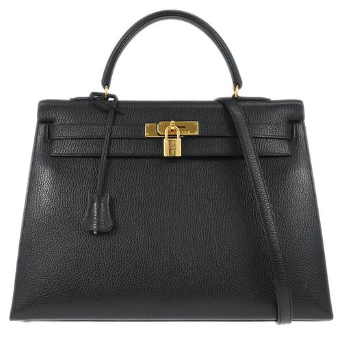 Hermes Kelly Handbag Black Ardennes With Gold Hardware Black Leather Handbag Pre-Owned