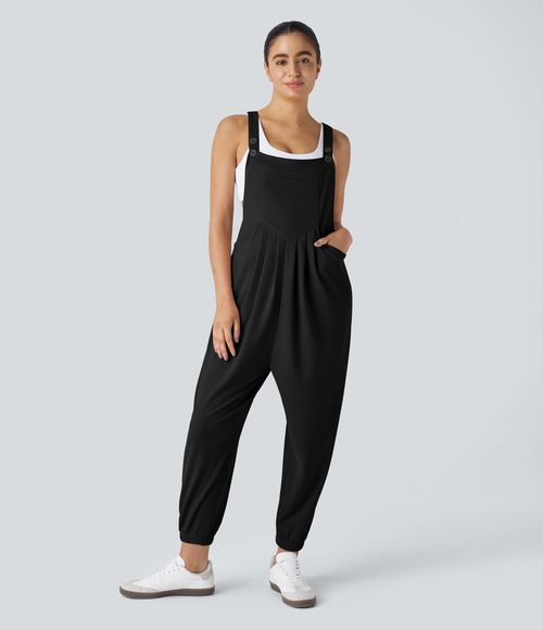 Pockets Waffle Casual Jogger Overalls  - Black