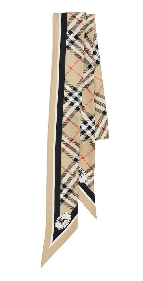 Check Silk Skinny Scarf Sand One Size