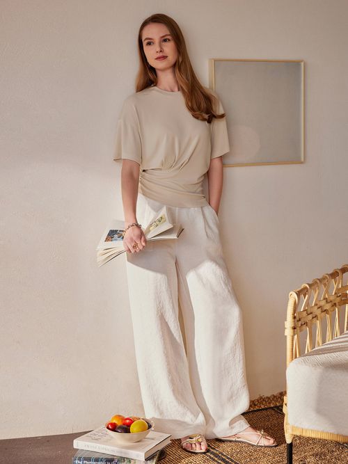 2Pcs Set Sandwashed Crewneck Short Sleeve Tee & Linen Mid Rise Wide Leg Pant with Pockets - Morning Mist/Linen White / XS