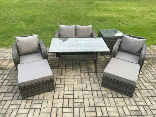 Fimous Rattan Outdoor Garden Furniture Set Rectangular Dining Table and Chair Sofa Set With Side Table 2 Big Footstool Dark Grey Mixed