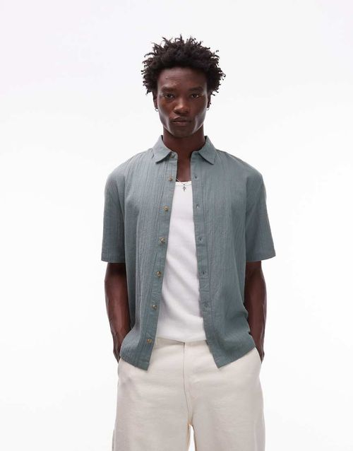 Relaxed fit short sleeve textured shirt in sage-Blue