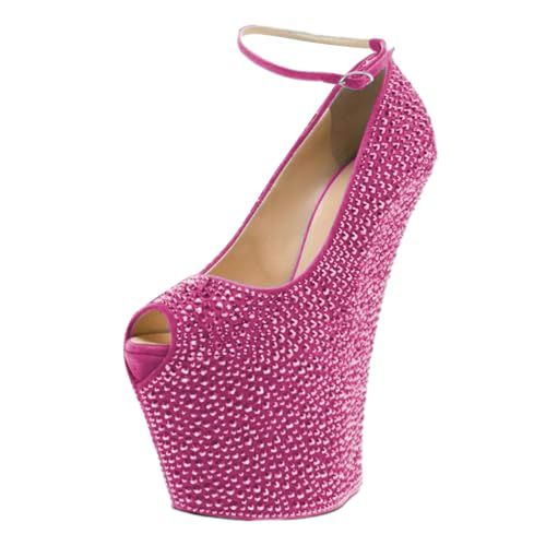 FSJ Women Embellished Rhinestone Wedges Heel Pumps Covered Platform High Heel Peep Toe Ankle Strap Dress Shoes for Wedding Daily Life