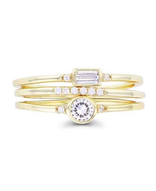 Cubic Zirconia Round and Baguette Faux Stacked Ring - 14k Yellow Gold over Sterling Silver wit