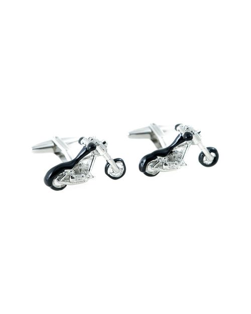 Rhodium Plated & Black Enamel Motorcycle Design Cufflinks