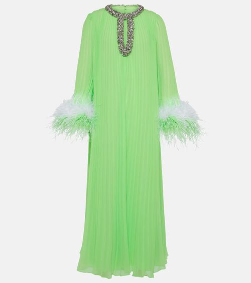 Self-Portrait Pleated feather-trimmed chiffon gown