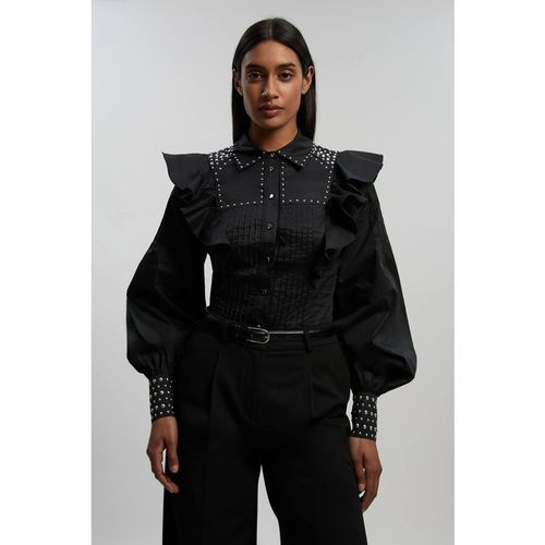 Karen Millen Women's Cotton Sateen Drama Sleeve Studded Woven Maxi Shirt in Black