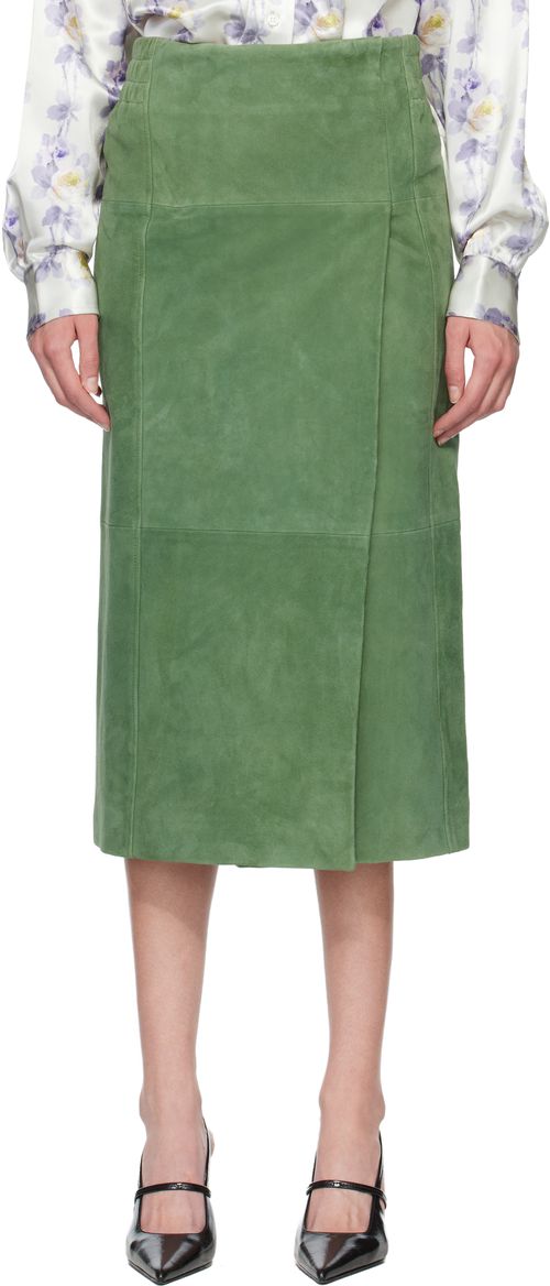 Green Suede Long Wrap Midi Skirt