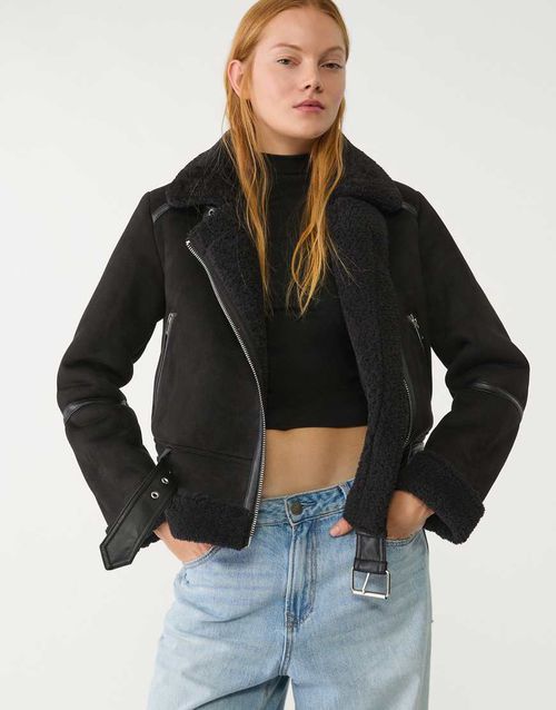 Faux suede biker jacket in black