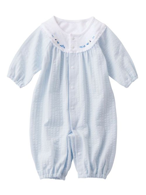 Floral-embroidery cotton romper - Blue