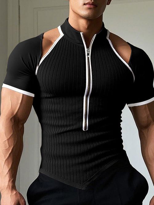 Mens Cut-Out Design Half-Zip Short Sleeve T-Shirt SKUK99805 - Black / S
