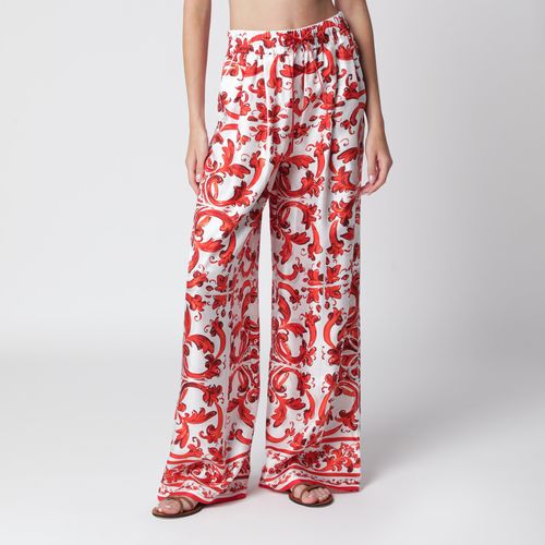 Wide-leg maiolica-print silk pants in orange