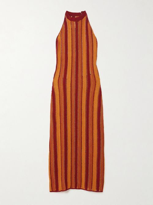 Striped Crocheted Cotton Midi Dress - Orange