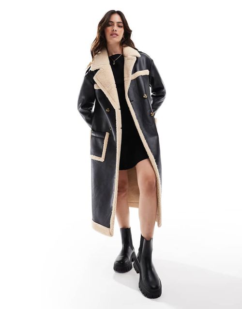 Wednesday's Girl faux shearling oversized aviator longline coat in black and cream