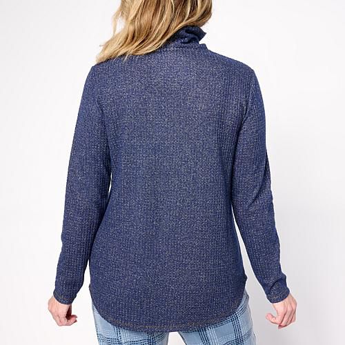 Shimmer Waffle Knit Funnel Neck Pullover Top - Whisper White