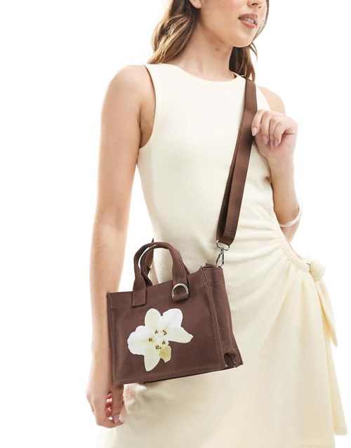 Stradivarius mini canvas bag with flower detail in brown