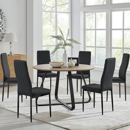 Santorini Brown Round Dining Table And 6 Milan Black Leg Chairs