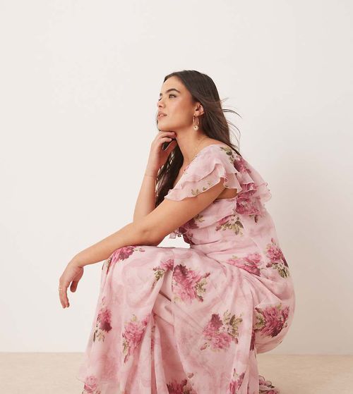 ASOS Curve | ASOS DESIGN Curve ruffle maxi dress with flutter sleeves in  pink floral print-Multi | Realry
