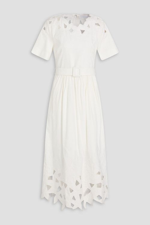 Belted cutout linen-blend midi dress - White - US 8