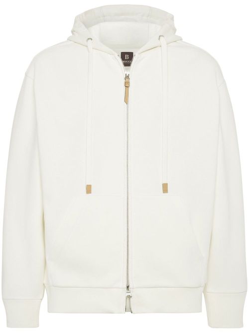 Full Zip Cotton Hooded Sweatshirt - White