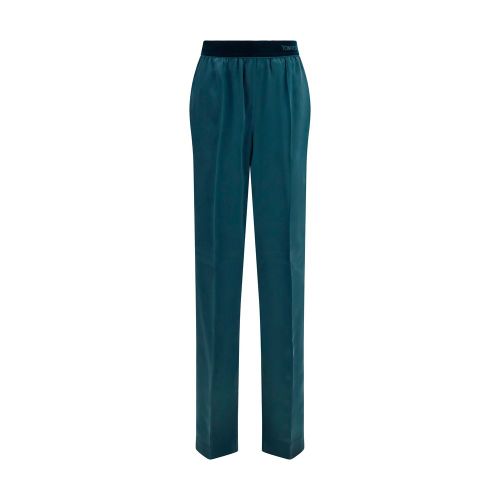 Stretch Silk Satin Trousers — Teal