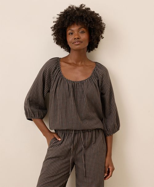 Women's Autumn Gingham Coastal Double Gauze Scoop Neck Top