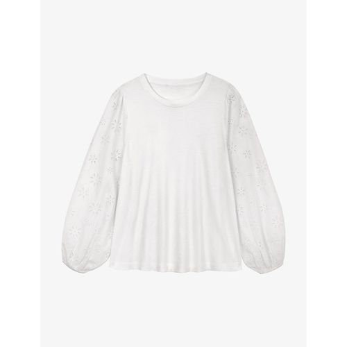 Womens White Broderie-sleeve Regular-fit Organic-cotton top