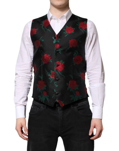 Red Floral Brocade Vest — Black
