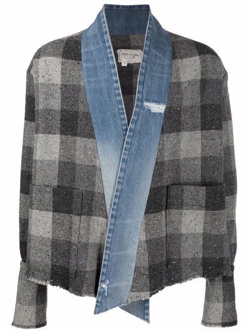 Denim-trim checked shirt jacket - Grey