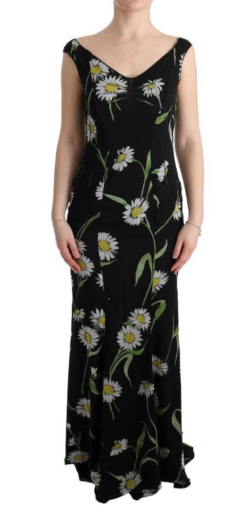 Daisy-Print Silk Stretch Dress — Black