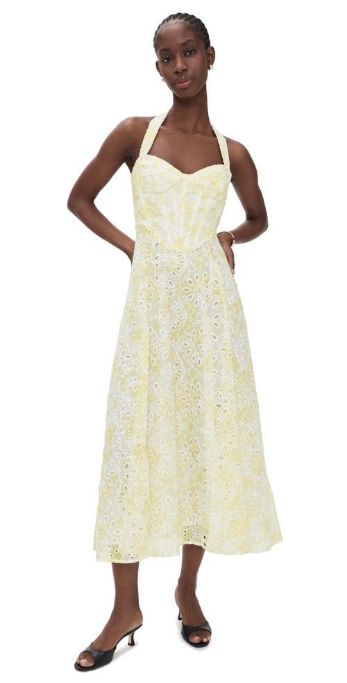 Pollie Halter Midi Dress Yellow Floral