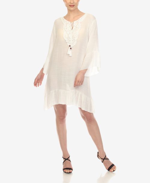 Women's Sheer Crochet Knee Length Cover Up Dress - White