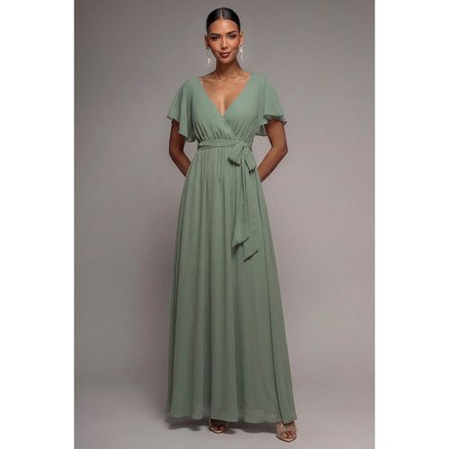 Goddiva Sustainable Chiffon Flutter Sleeve Wrap Maxi Dress - Sagegreen