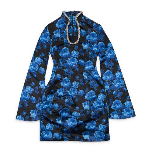 Women's Pre-Loved Floral High Collar Day Mini Dress In Blue Black Floral