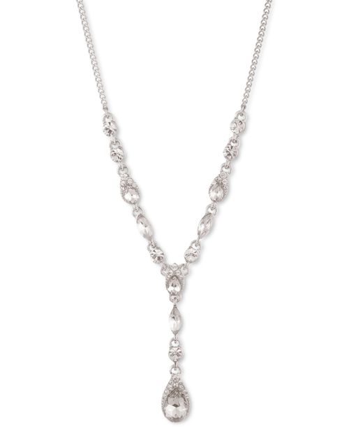 "Pear-Shape Crystal Lariat Necklace, 16"" + 3"" extender - Silver"