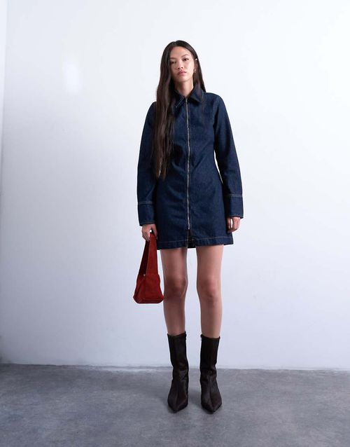 Denim zip up long sleeve mini dress in indigo-Blue