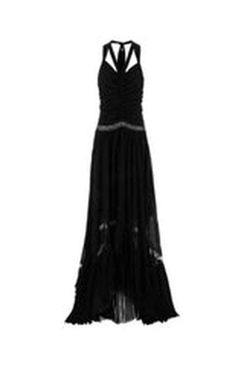 Ruched Georgette with Lace Detail Dress — Black
